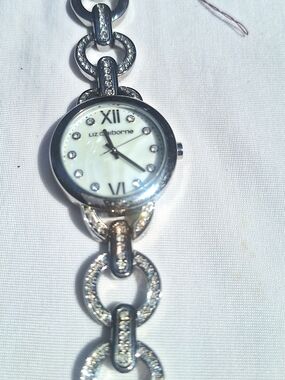 Liz Claiborne Silver Crystal-Link Women's Bracelet Watch - White Dial Works